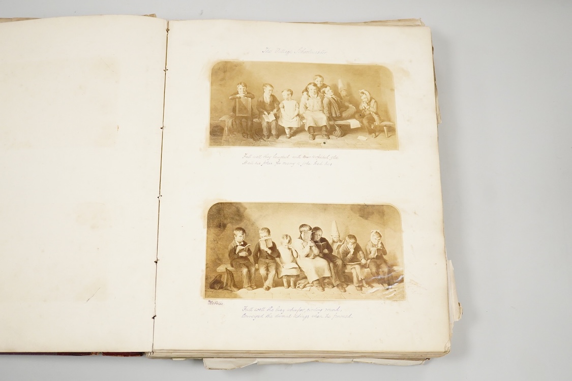 A 19th century album containing watercolours, including Anglo-Indian themes, local scenes, etc., together with engravings, photographs, cuttings, sketches, and other Victorian scrapbook items